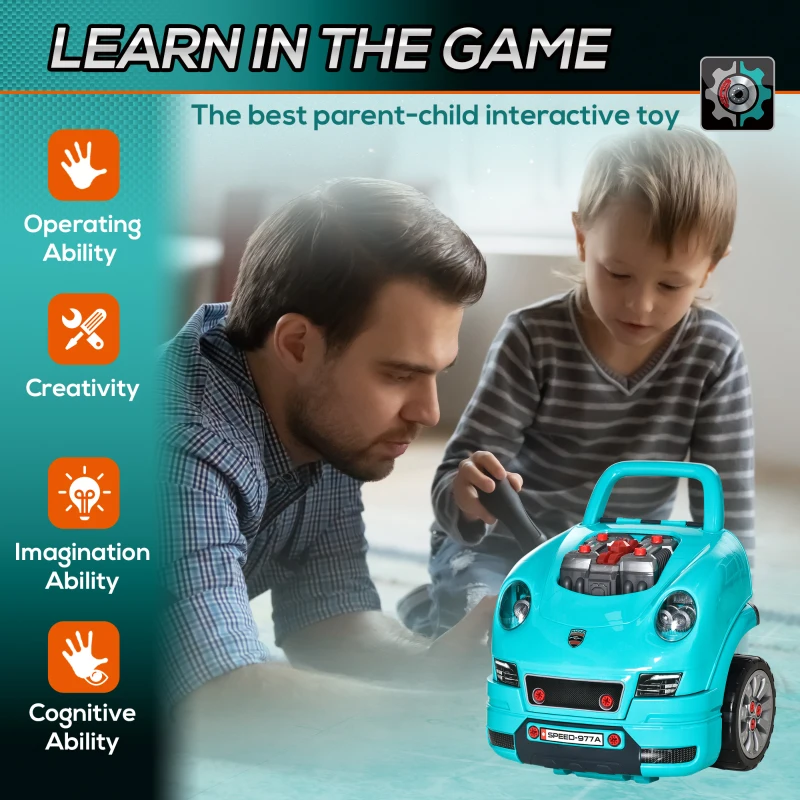 Qaba Mechanic Kids Truck Engine Toy Set, Car Service Play Set, Teal