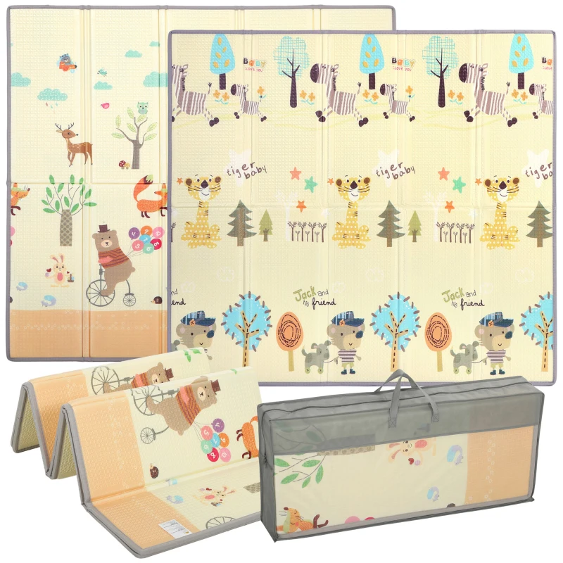 Qaba Foldable & Reversible Baby Play Mat, 79" x 71"Thick Play Mat for Floor, Waterproof Non-Slip, Forest Animals