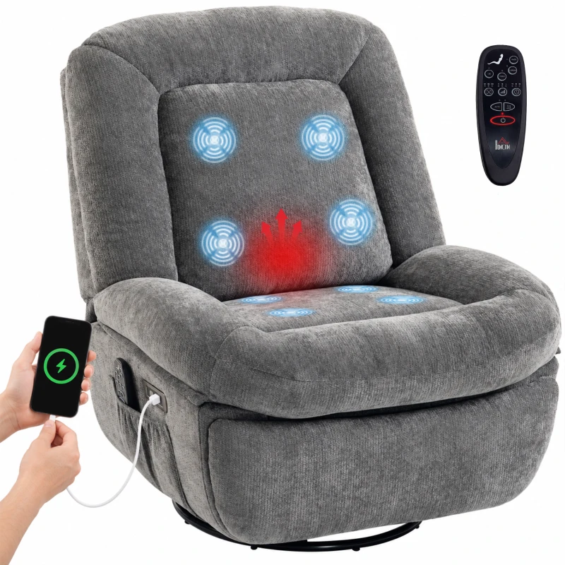 HOMCOM Oversized Power Recliner Chair with Massage and Heat, USB Port, Overstuffed Chenille Swivel Rocker Recliner, Gray