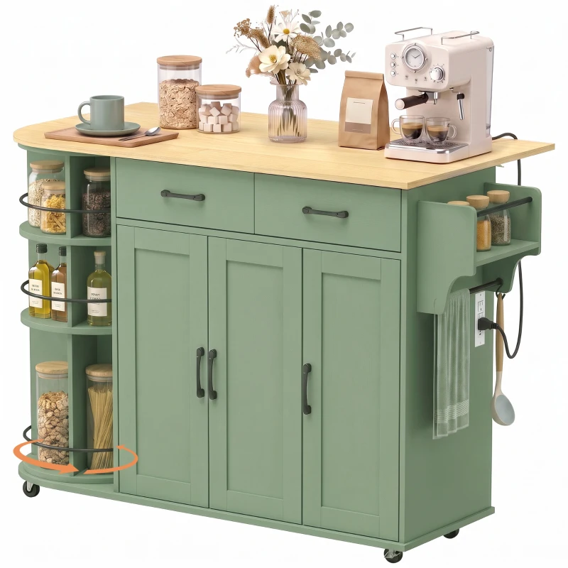 HOMCOM 53" Kitchen Island with Power Outlet and Drop Leaf, Kitchen Cart on Wheels with 360° Rotating Rack, Sage Green