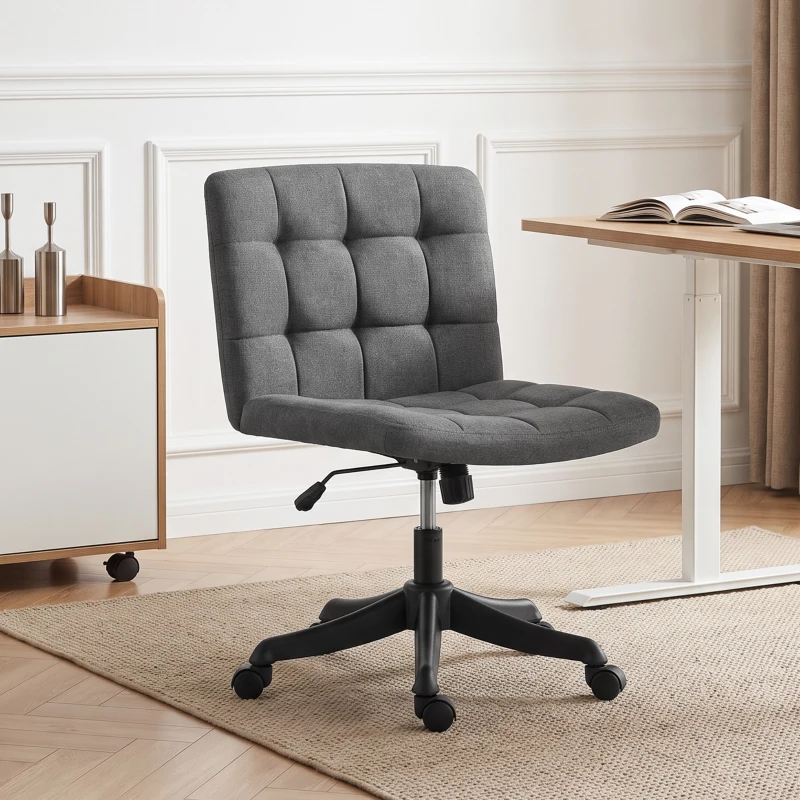 HOMCOM Armless Office Desk Chair, Linen Computer Chair with Rocking Function, Swivel, Wheels, Dark Grey