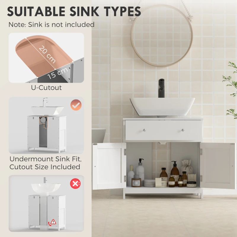 HOMCOM Modern Bathroom Vanity Cabinet, Freestanding Under Sink Storage with Drawer, U-Shaped Cutout for Pedestal Sink, White