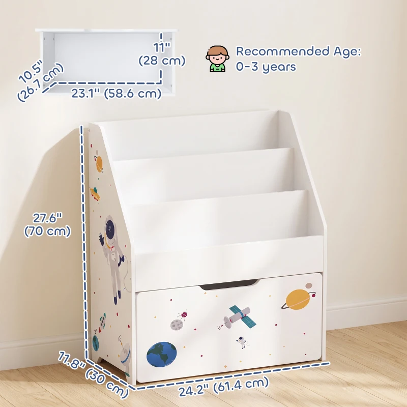 Qaba Montessori Kids Bookshelf with Moveable Drawer, 3-Tier Bookshelf for Kids Room, Nursery, Playroom, Ages 3-8 Years, White