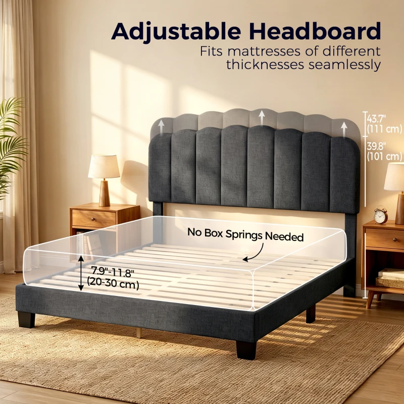 HOMCOM Queen Size Bed Frame with Adjustable Headboard, Linen-Feel Upholstered Platform Bed Frame with 12 Slat Support Dark Grey