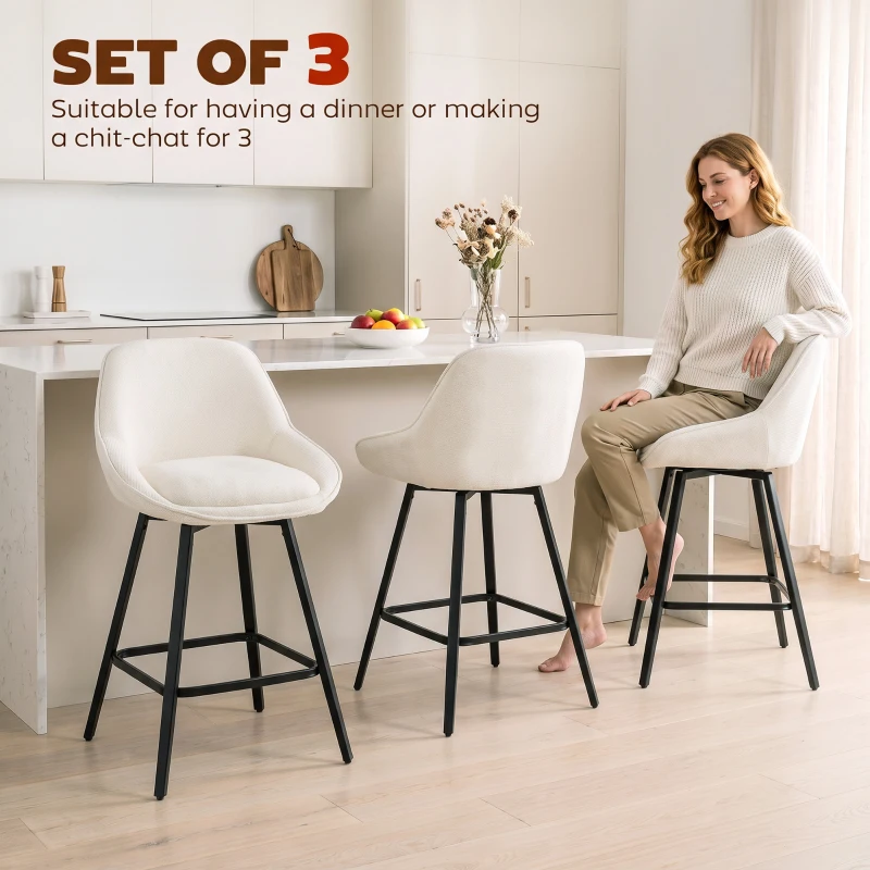 HOMCOM Bar Stools Modern Chenille 360° Swivel Barstools Counter Height Backrest Footrest Set 3, Cream White