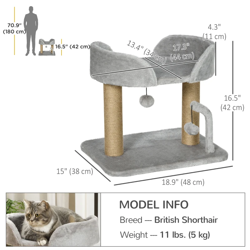 PawHut Cat Tower Condo for Indoor Cats, Small Cat Tree with Jute Scratching Posts, Top Perch, Dangling Balls, Light Grey