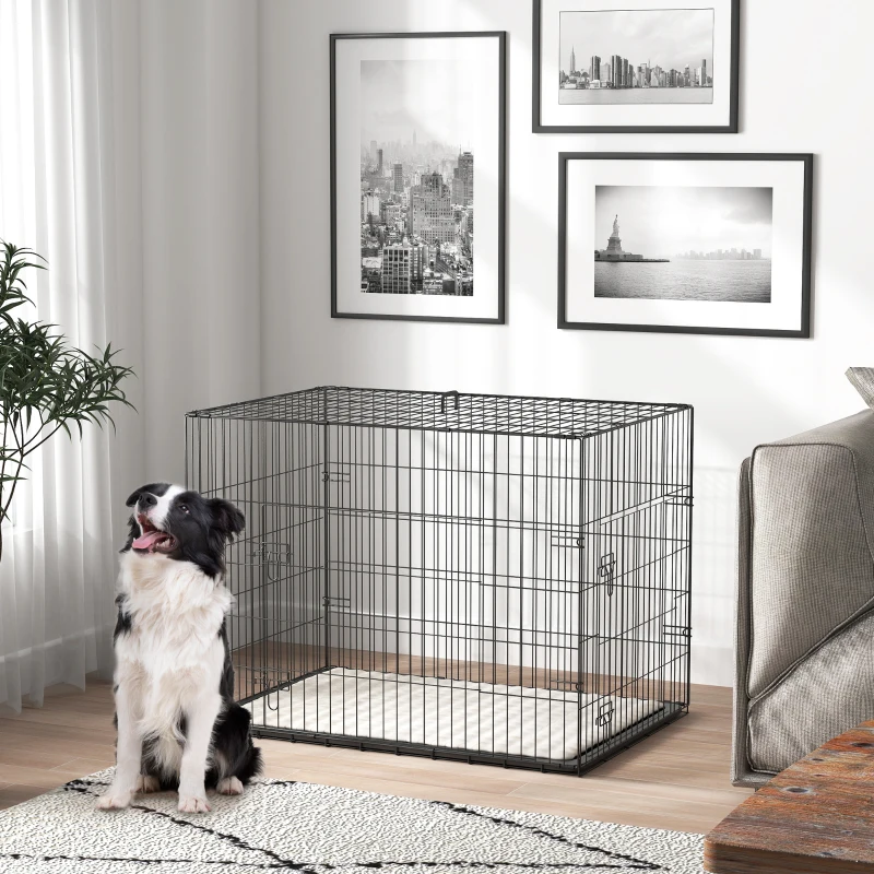 PawHut 35" Dog Crate with 2 Doors, Folding Metal Dog Cage with Soft Cushion, Removable Tray, Handle, Black