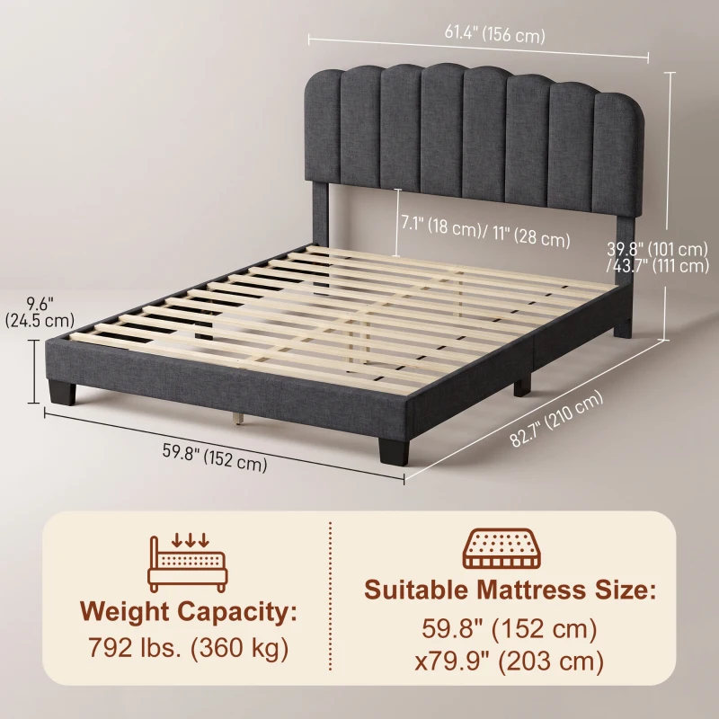 HOMCOM Queen Size Bed Frame with Adjustable Headboard, Linen-Feel Upholstered Platform Bed Frame with 12 Slat Support Dark Grey