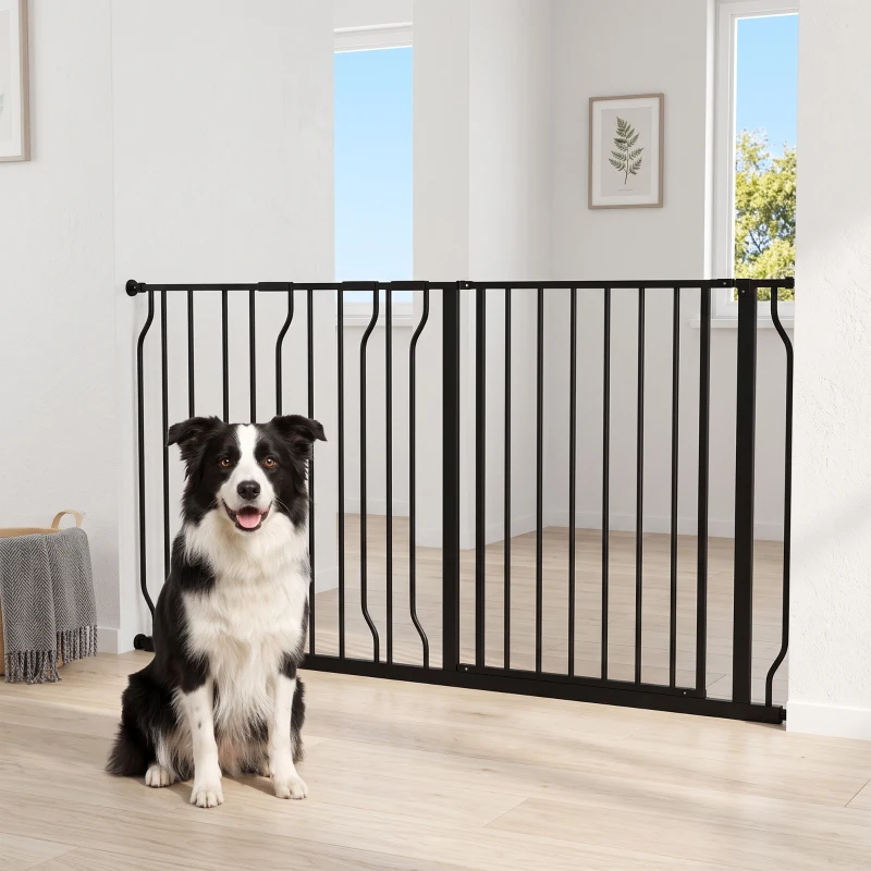 PawHut 30"- 57" Easy Install Pet Gate w/ Door & Double Locking System, Extra Wide Dog Gate for Stairs, Hallways, Black