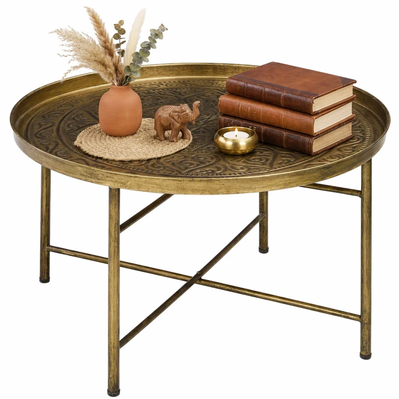 HOMCOM Coffee Table for Living Room, 24" Round Center Table with Hammered Tray Top and Metal Frame for Bedroom, Gold