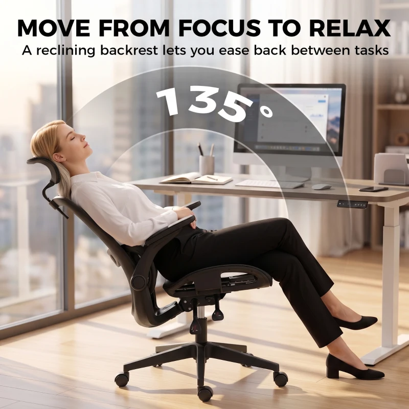 HOMCOM Ergonomic Office Chair with Adaptive Lumbar Support, Reclining Mesh Desk Chair with 2D Headrest, Flip-Up Arms, Black