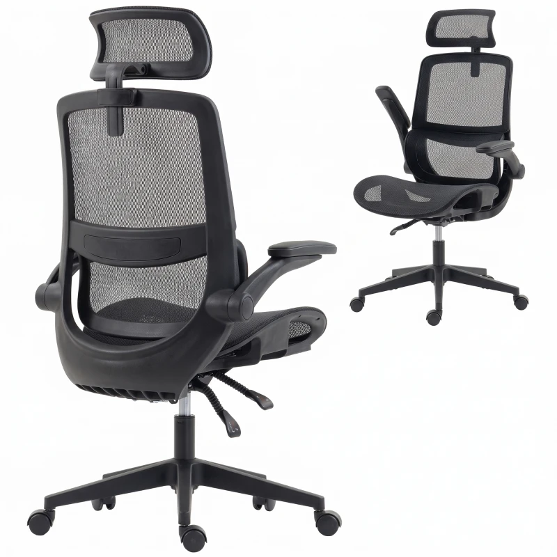 HOMCOM Ergonomic Office Chair with Adaptive Lumbar Support, Reclining Mesh Desk Chair with 2D Headrest, Flip-Up Arms, Black