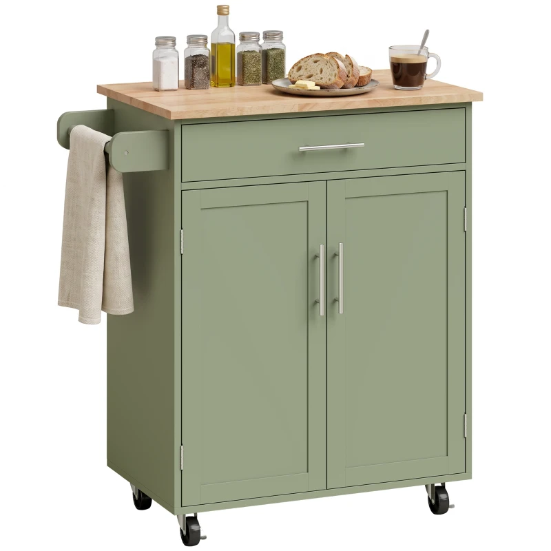HOMCOM Kitchen Island Cart, Rolling Island Table with Solid Wood Top, Trolley Cart with Drawer, Storage Cabinet, Green