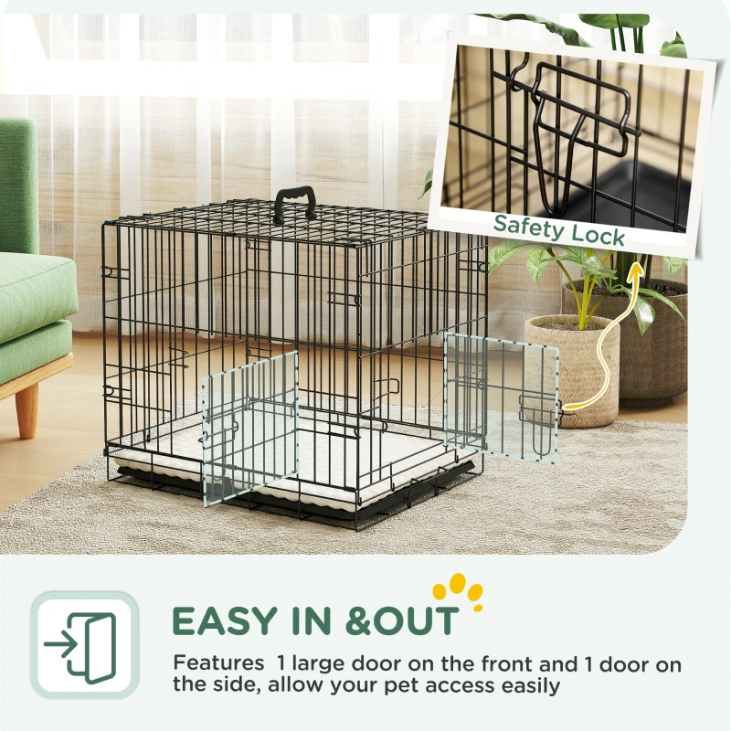 PawHut 24" Dog Crate with 2 Doors, Folding Metal Dog Cage with Soft Cushion, Removable Tray, Handle for Extra Small Dogs, Black