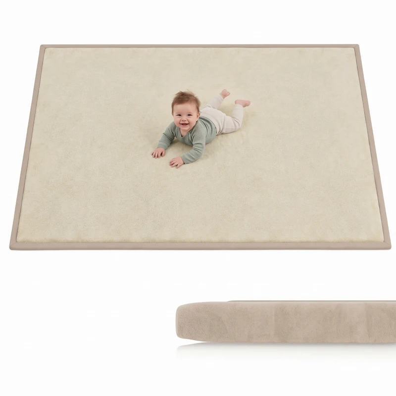 Qaba 1.2" Thick Baby Play Mat, 110" x 79" Playpen Mat, Non-Slip, Water-Resistant, Soft Flannel for Crawling, Cream White