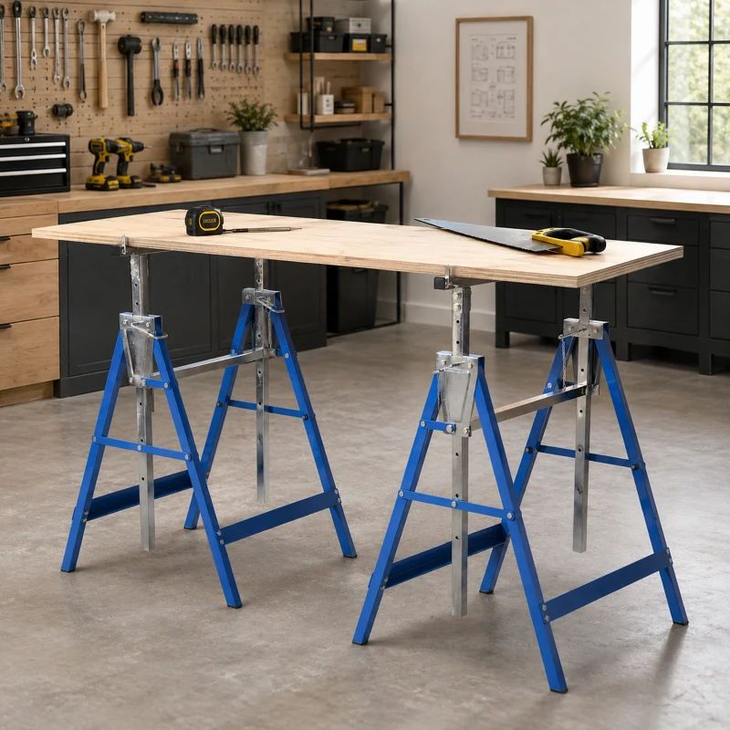 HOMCOM Set of 2 Adjustable Telescopic Builders Trestle, DIY Steel Work Bench Carpenter, Folding Saw Horse Tools Blue