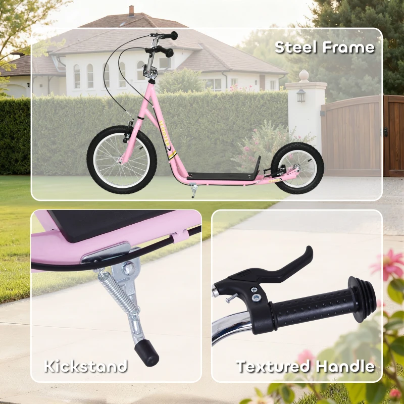 HOMCOM Kick Scooter for Children 5+ Years, Adjustable Height, with Large Inflatable Wheels, Dual Brakes - Pink