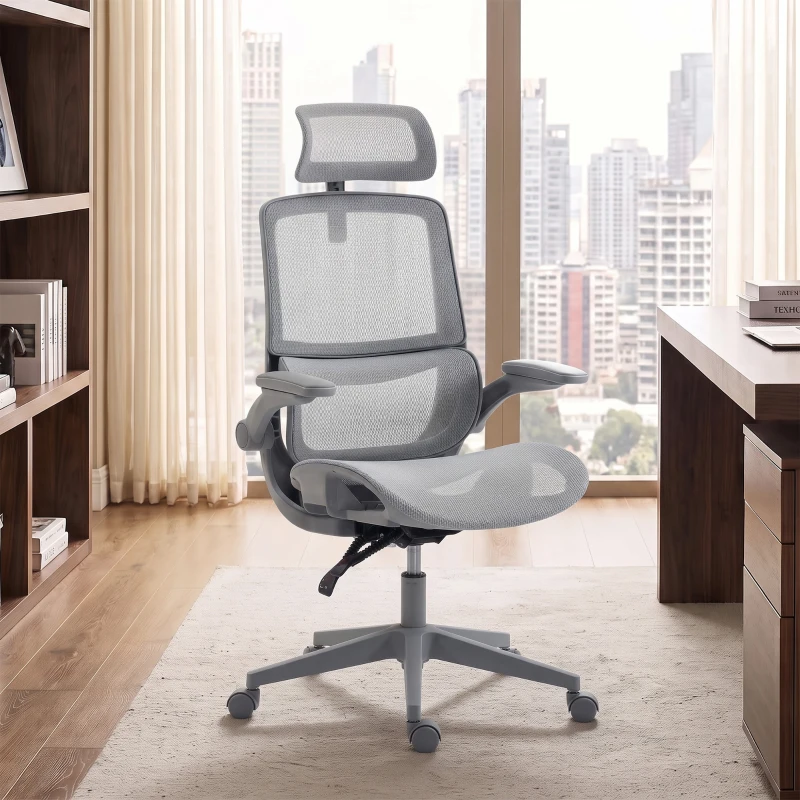 HOMCOM Ergonomic Office Chair with Adaptive Lumbar Support, Reclining Mesh Desk Chair with 2D Headrest, Flip-Up Arms, Gray