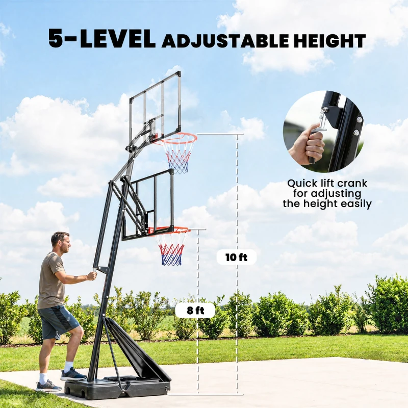 Soozier Portable Basketball Hoop Outdoor, 8-10ft Adjustable Basketball Goal, 43 Inch Shatterproof Backboard, Hand-Crank Lift