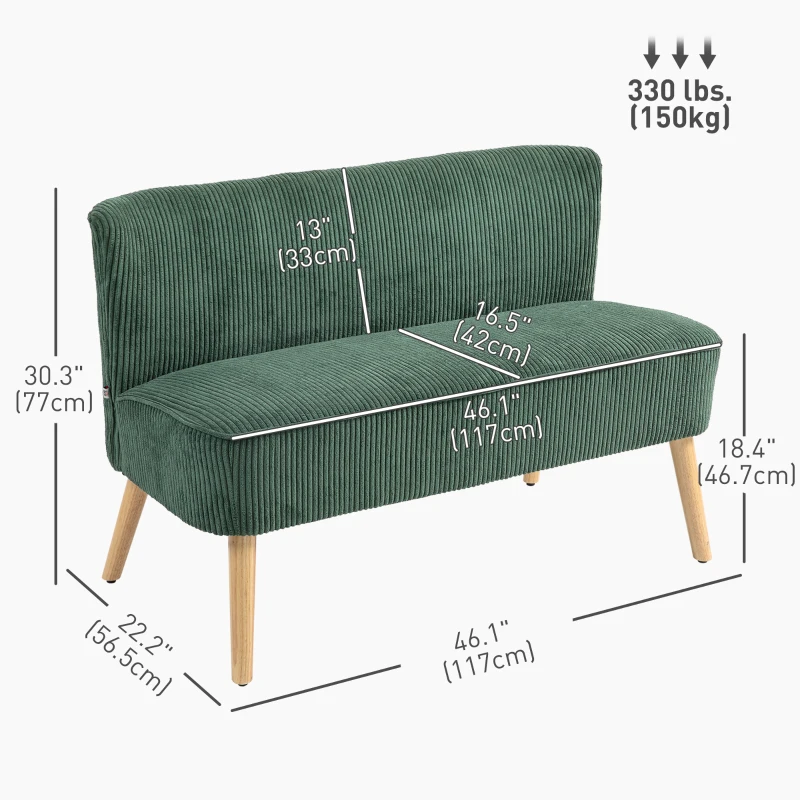 HOMCOM Modern 2 Seater Sofa, Upholstered Two Seater Couch with Rubber Wood Legs, Green