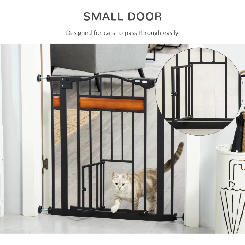 PawHut 29.1''-31.5'' Extra Wide Dog Gate with Cat Door, 30"H Stair Gate with Extension, Wall Cups, Pressure Fit, Auto Close, Double Locking, for Doorways, Hallways, Stairs, Black