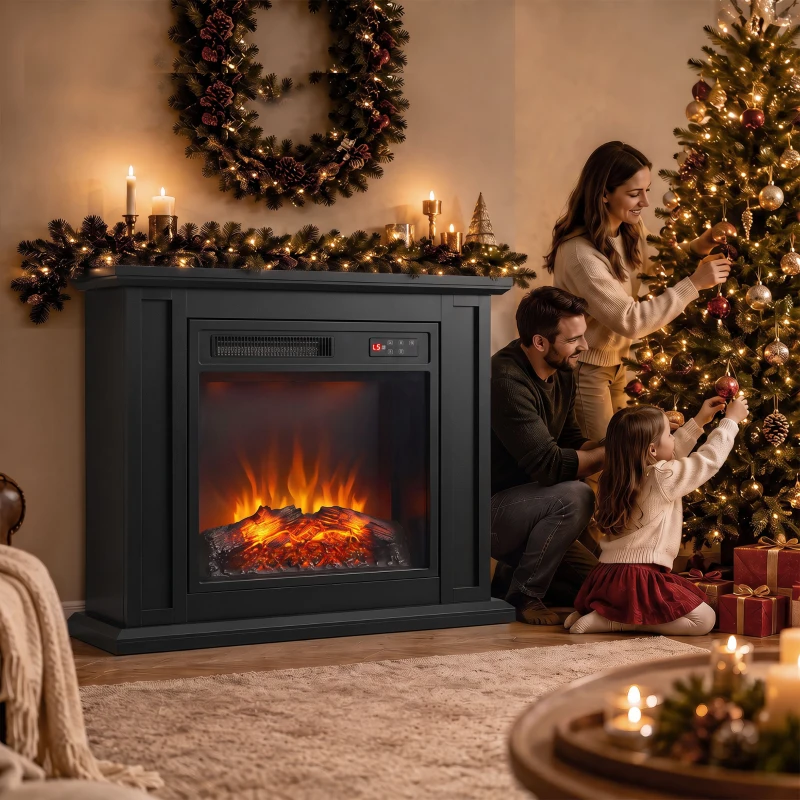 HOMCOM 26" Electric Fireplace with Mantel, 1400W Freestanding Fireplace TV Stand with Adjustable Flame, Timer, Remote, Black