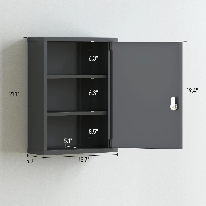 kleankin 16" x 21" Lockable Medicine Cabinet, 3 Tier Steel Medical Wall Box with 2 Keys and Shelves for Bathroom, Gray