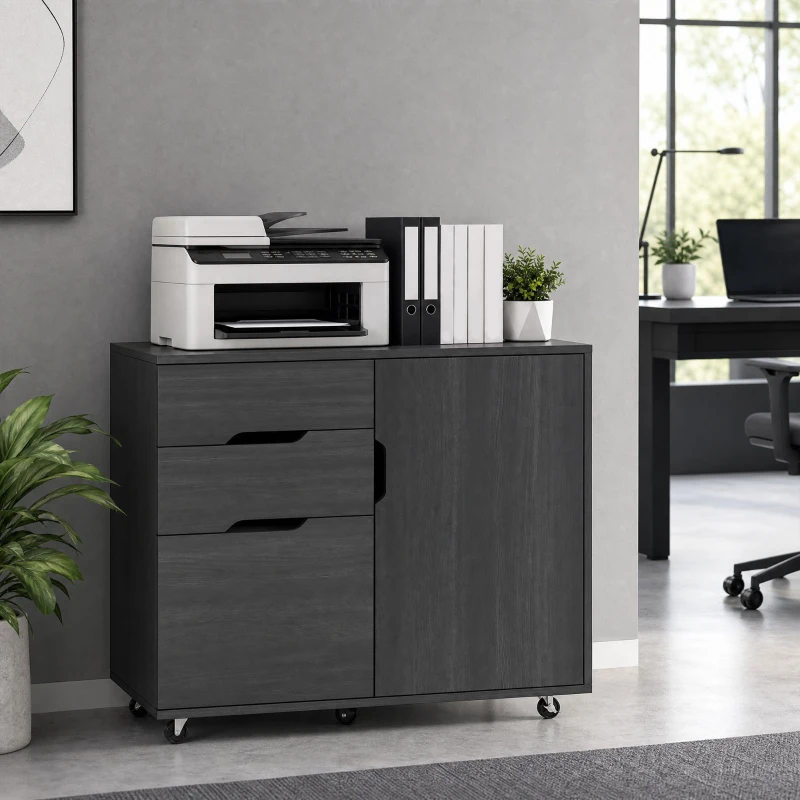 HOMCOM Filing Cabinet with File Drawer File Cabinet with Adjustable Shelf and 3 Drawers Black