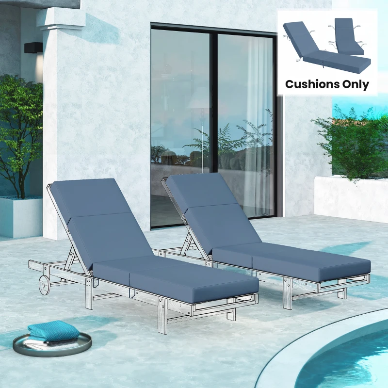 Outsunny Set of 2 Chaise Lounge Cushion, 4" Thick Outdoor Lounge Chair Cushions with Ties for Patio, 21" x 72", Navy Blue