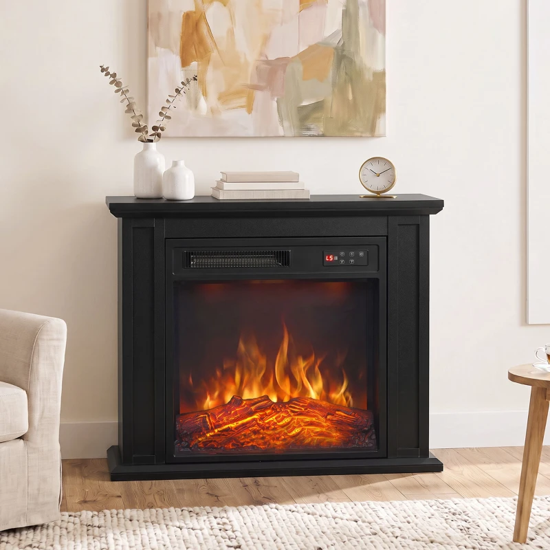 HOMCOM 26" Electric Fireplace with Mantel, 1400W Freestanding Fireplace TV Stand with Adjustable Flame, Timer, Remote, Black