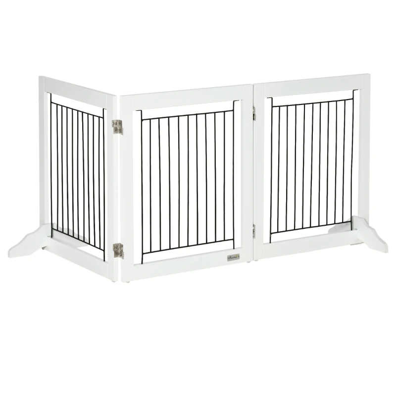 PawHut Freestanding Pet Gate, Folding Dog Gate with 2 Support Feet, 24" High, 3 Panels, for Small Dogs, Indoor Use - White