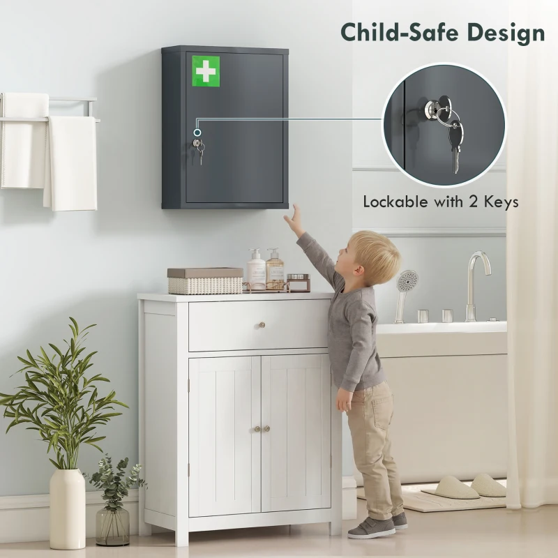 kleankin 16" x 21" Lockable Medicine Cabinet, 3 Tier Steel Medical Wall Box with 2 Keys and Shelves for Bathroom, Gray