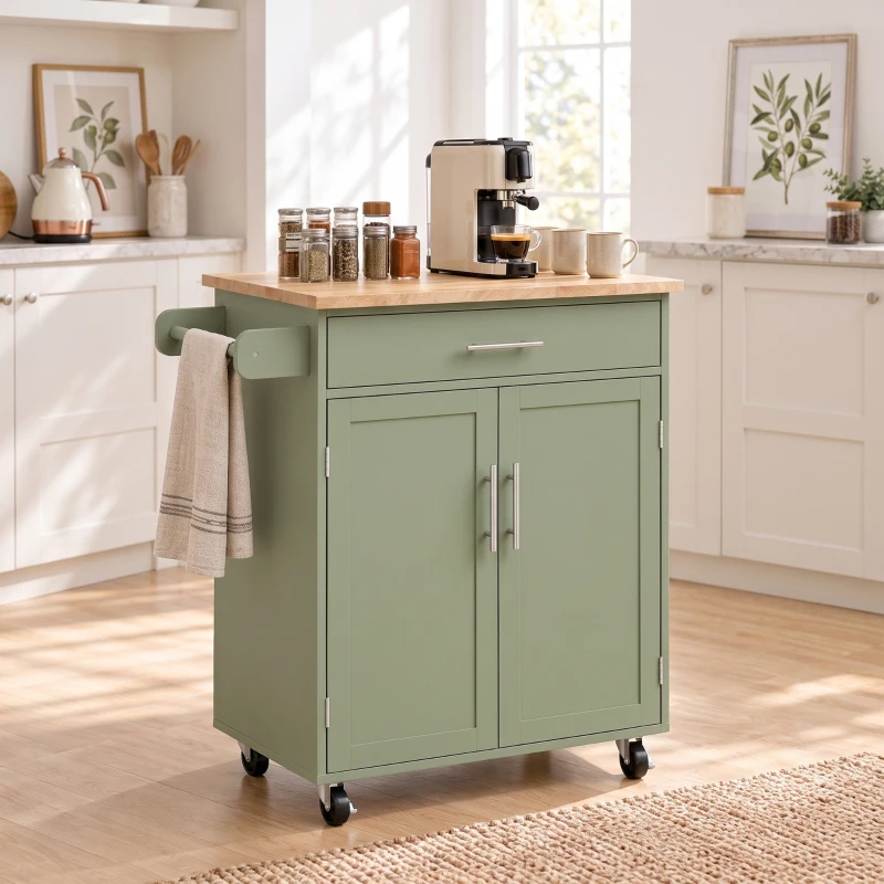 HOMCOM Kitchen Island Cart, Rolling Island Table with Solid Wood Top, Trolley Cart with Drawer, Storage Cabinet, Green