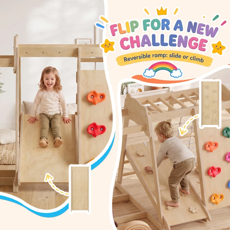 Qaba 7-in-1 Kids Montessori Jungle Gym with Reversible Slide, Basketball Hoop, Monkey Bars, Rock Wall, Climbing Net & Ladder
