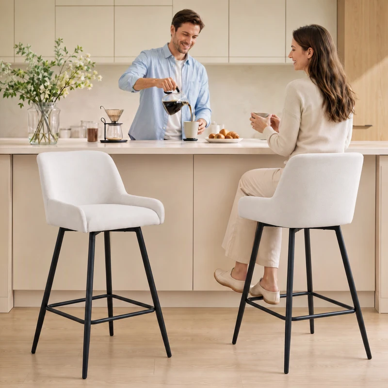 HOMCOM Kitchen Island Chairs Counter Height Bar Stools with Swivel Linen Seat and Footrest, Cream White