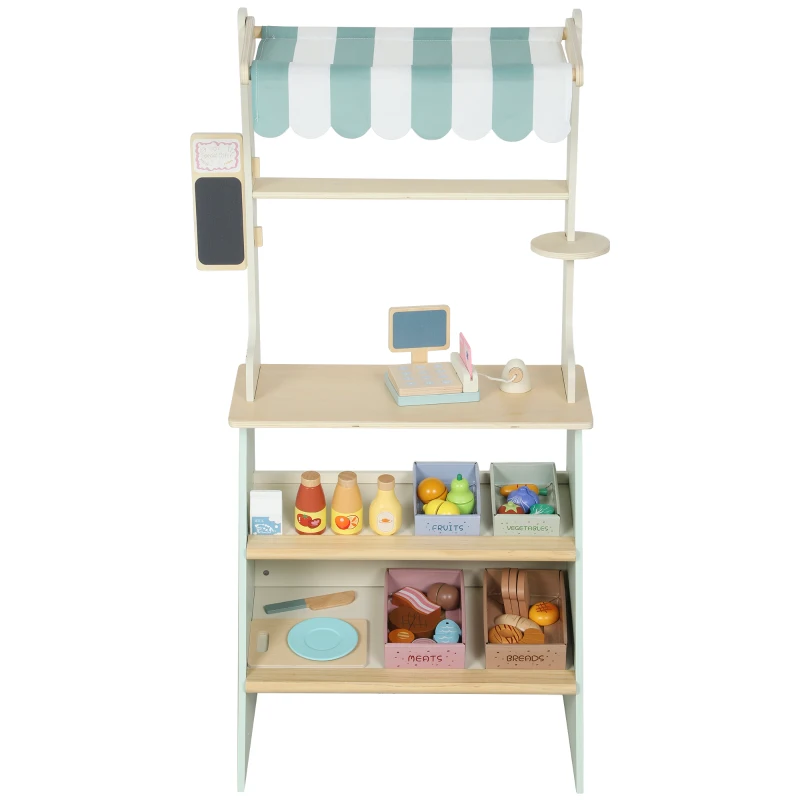 Qaba Kids Grocery Store Playset, Supermarket Toy Set with Cash Register, Chalkboard and Toy Food for Toddler Boys Girls 3+