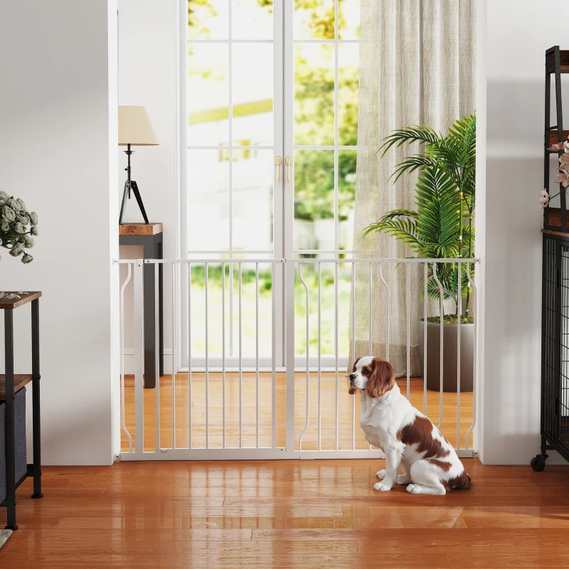 PawHut 30"- 57" Easy Install Pet Gate w/ Door & Double Locking System, Extra Wide Dog Gate for Stairs, Hallways, White