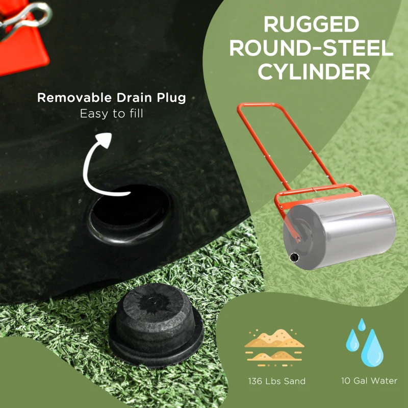 Outsunny 20-Inch Push/Tow Behind Lawn Roller Filled with 10 Gal Water or Sand for Flattening Sod in the Garden, Red