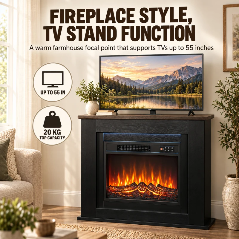 HOMCOM 40" Electric Fireplace with Mantel, LED Strip, Fireplace TV Stand for 55" TVs, Adjustable Flame, Black