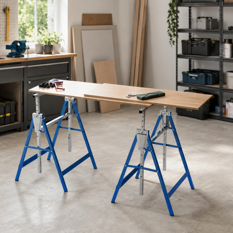HOMCOM Set of 2 Adjustable Telescopic Builders Trestle, DIY Steel Work Bench Carpenter, Folding Saw Horse Tools Blue