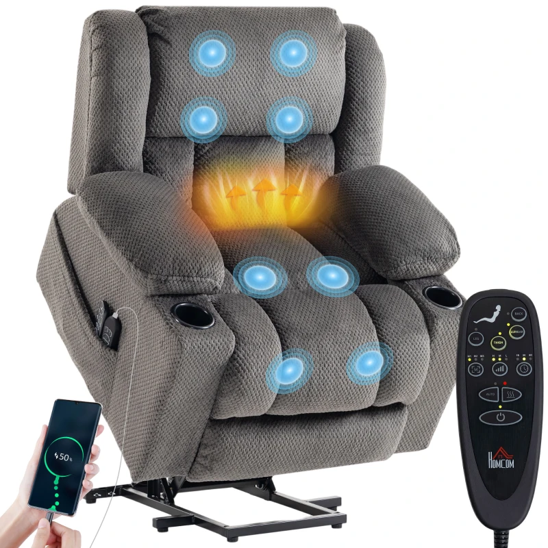 HOMCOM Dual Motor Power Lift Recliner Chair with Massage and Heat for Elderly, 180° Flat Recline, Wide Seat, Dark Gray