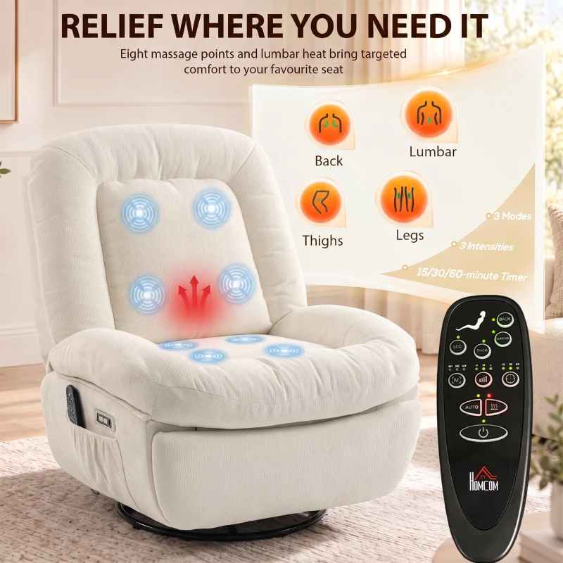 HOMCOM Oversized Power Recliner Chair with Massage and Heat, USB Port, Overstuffed Chenille Swivel Rocker Recliner, Cream White