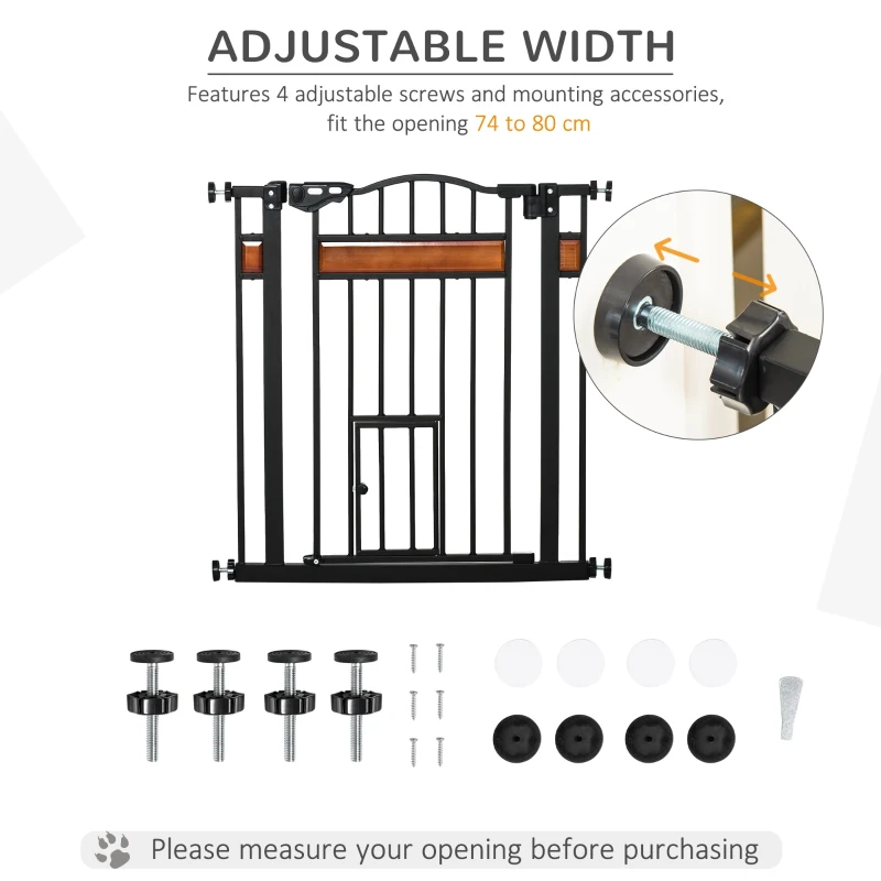 PawHut 29.1''-31.5'' Extra Wide Dog Gate with Cat Door, 30"H Stair Gate with Extension, Wall Cups, Pressure Fit, Auto Close, Double Locking, for Doorways, Hallways, Stairs, Black