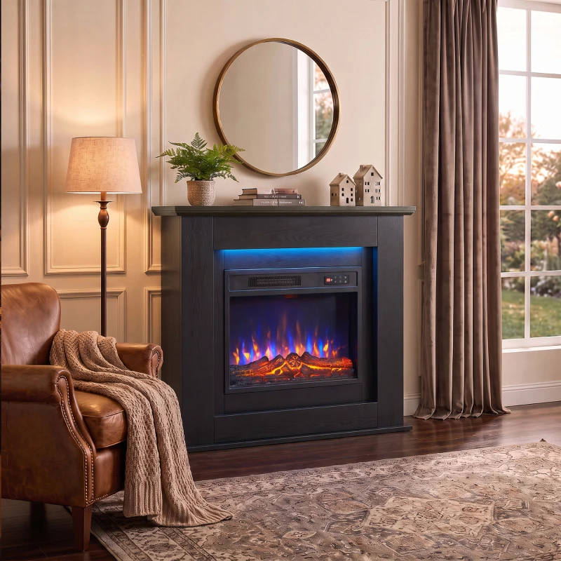 HOMCOM 40" Electric Fireplace with Mantel, LED Strip, Fireplace TV Stand for 55" TVs, Adjustable Flame, Black