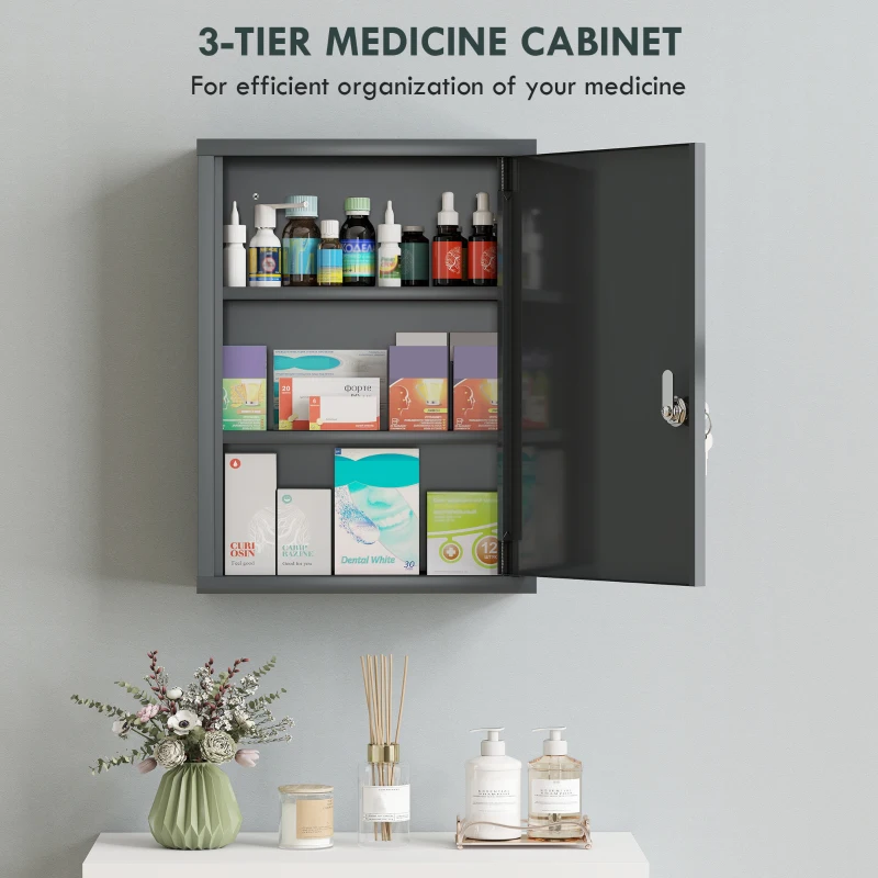 kleankin 16" x 21" Lockable Medicine Cabinet, 3 Tier Steel Medical Wall Box with 2 Keys and Shelves for Bathroom, Gray