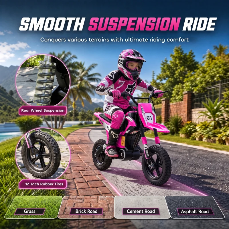 Qaba 24V Kids Electric Motorcycle with 180W Brushless Motor, Suspension, Soft Start, 12" Rubber Tires for 6+ Years, Pink