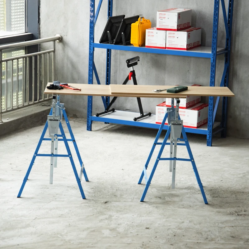 HOMCOM Set of 2 Adjustable Telescopic Builders Trestle, DIY Steel Work Bench Carpenter, Folding Saw Horse Tools Blue