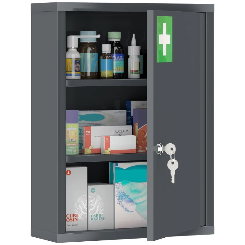 kleankin 16" x 21" Lockable Medicine Cabinet, 3 Tier Steel Medical Wall Box with 2 Keys and Shelves for Bathroom, Gray