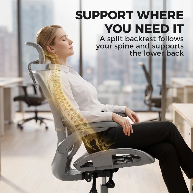 HOMCOM Ergonomic Office Chair with Adaptive Lumbar Support, Reclining Mesh Desk Chair with 2D Headrest, Flip-Up Arms, Gray