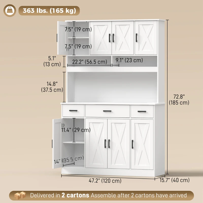 HOMCOM 73" Pantry Cabinet with Charging Station, Tall Kitchen Hutch with Microwave Stand, Kitchen Pantry Storage Cabinet, White